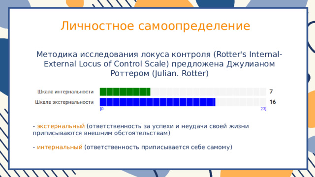 Личностное самоопределение Методика исследования локуса контроля (Rotter's Internal-External Locus of Control Scale) предложена Джулианом Роттером (Julian. Rotter) - экстернальный (ответственность за успехи и неудачи своей жизни приписываются внешним обстоятельствам) - интернальный (ответственность приписывается себе самому) 