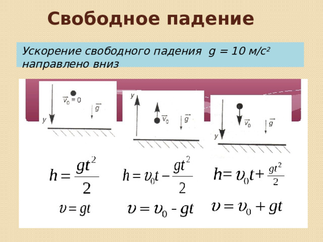 Свободное падение Ускорение свободного падения g = 10 м/с 2 направлено вниз 