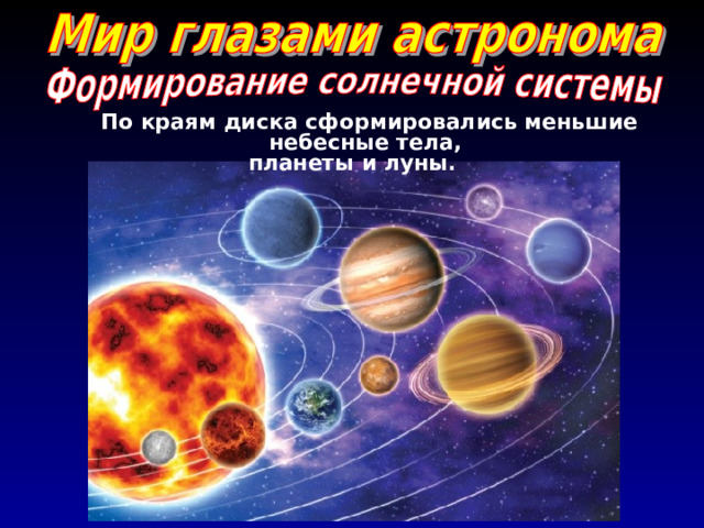   По краям диска сформировались меньшие небесные тела, планеты и луны. 