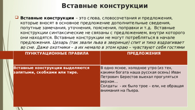 Вставные конструкции Вставные конструкции  – это слова, словосочетания и предложения, которые вносят в основное предложение дополнительные сведения, попутные замечания, уточнения, пояснения, поправки и т.д.  Вставные конструкции синтаксические не связаны с предложением, внутри которого они находятся. Вставные конструкции не могут потребляться в начале предложения.  Цезарь (так звали льва в зверинце) спит и тихо вздрагивает во сне. Даже охотники – а их немало в этом краю – чувствуют себя гостями в лесу. ПУНКТУАЦИОННЫЕ ПРАВИЛА Вставные конструкции выделяются запятыми, скобками или тире.  ПРЕДЛОЖЕНИЯ В одно ясное, холодное утро (из тех, какими богата наша русская осень) Иван Петрович Берестов выехал прогуляться верхом…  Солдаты  - их было трое – ели, не обращая внимания на Пьера. 