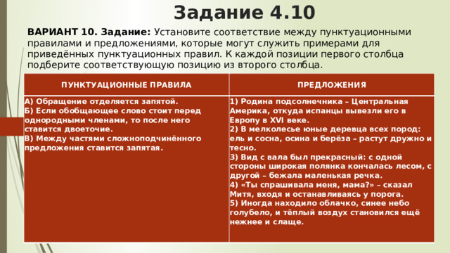 Задание 4.10 ВАРИАНТ 10.   Задание:  Установите соответствие между пунктуационными правилами и предложениями, которые могут служить примерами для приведённых пунктуационных правил. К каждой позиции первого столбца подберите соответствующую позицию из второго столбца. ПУНКТУАЦИОННЫЕ ПРАВИЛА ПРЕДЛОЖЕНИЯ А) Обращение отделяется запятой.  Б) Если обобщающее слово стоит перед однородными членами, то после него ставится двоеточие.  В) Между частями сложноподчинённого предложения ставится запятая.   1) Родина подсолнечника – Центральная Америка, откуда испанцы вывезли его в Европу в ХVI веке.  2) В мелколесье юные деревца всех пород: ель и сосна, осина и берёза – растут дружно и тесно.  3) Вид с вала был прекрасный: с одной стороны широкая полянка кончалась лесом, с другой – бежала маленькая речка.  4) «Ты спрашивала меня, мама?» – сказал Митя, входя и останавливаясь у порога.  5) Иногда находило облачко, синее небо голубело, и тёплый воздух становился ещё нежнее и слаще. 