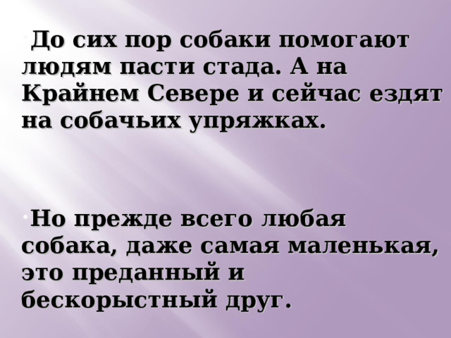  До сих пор собаки помогают людям пасти стада. А на Крайнем Севере и сейчас ездят на собачьих упряжках.   Но прежде всего любая собака, даже самая маленькая, это преданный и бескорыстный друг.   