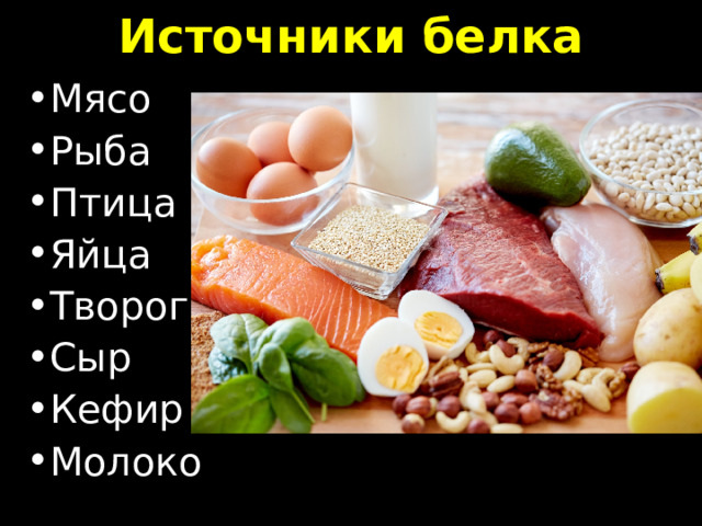 Источники белка Мясо Рыба Птица Яйца Творог Сыр Кефир Молоко 