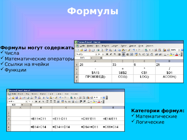 Формулы Формулы могут содержать: Числа Математические операторы Ссылки на ячейки Функции Категории формул: Математические Логические 