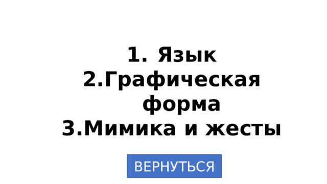 Язык Графическая форма Мимика и жесты ВЕРНУТЬСЯ 