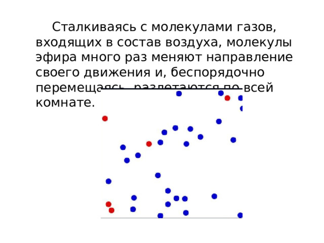  Сталкиваясь с молекулами газов, входящих в состав воздуха, молекулы эфира много раз меняют направление своего движения и, беспорядочно перемещаясь, разлетаются по всей комнате. 