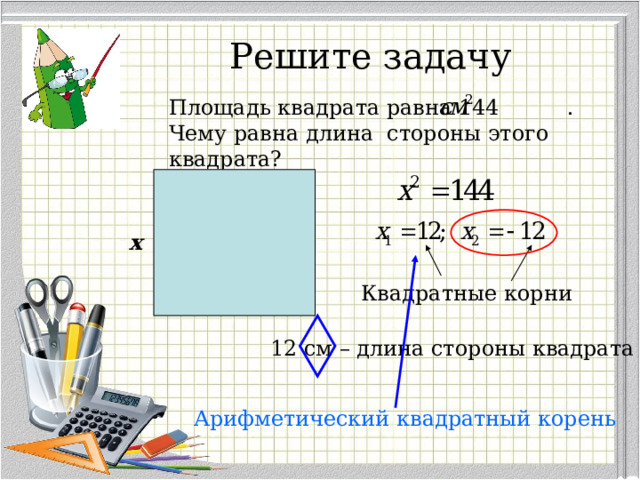 Решите задачу Площадь квадрата равна 144 . Чему равна длина стороны этого квадрата? x Квадратные корни 12 см – длина стороны квадрата Арифметический квадратный корень 