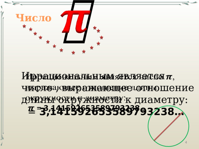   Число   Иррациональным является число , выражающее отношение длины окружности к диаметру:   = 3,141592653589793238…  