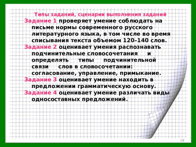 Типы заданий, сценарии выполнения заданий Задание 1 проверяет умение соблюдать на письме нормы современного русского литературного языка, в том числе во время списывания текста объемом 120–140 слов. Задание 2 оценивает умения распознавать подчинительные словосочетания и определять типы подчинительной связи слов в словосочетании: согласование, управление, примыкание. Задание 3 оценивает умение находить в предложении грамматическую основу. Задание 4 оценивает умение различать виды односоставных предложений .  