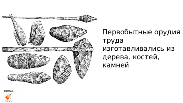 Первобытные орудия труда изготавливались из дерева, костей, камней 