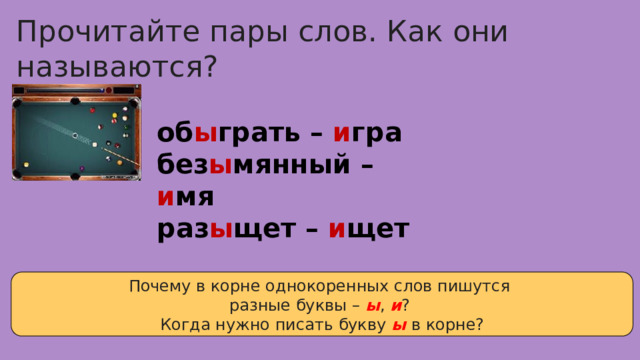 Прочитайте пары слов. Как они называются? об ы грать – и гра  без ы мянный – и мя  раз ы щет – и щет Почему в корне однокоренных слов пишутся разные буквы – ы , и ? Когда нужно писать букву ы в корне? 
