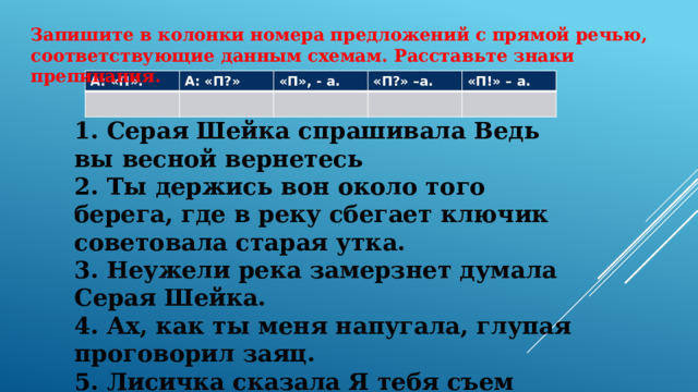 Запишите в колонки номера предложений с прямой речью, соответствующие данным схемам. Расставьте знаки препинания. А: «П». А: «П?» «П», - а. «П?» –а. «П!» – а. 1. Серая Шейка спрашивала Ведь вы весной вернетесь 2. Ты держись вон около того берега, где в реку сбегает ключик советовала старая утка. 3. Неужели река замерзнет думала Серая Шейка. 4. Ах, как ты меня напугала, глупая проговорил заяц. 5. Лисичка сказала Я тебя съем 
