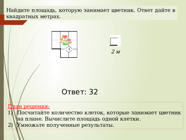 Найдите площадь, которую занимает цветник. Ответ дайте в квадратных метрах. 2 м Ответ: 32 Наталья Алексеевна Казарезова (Матвеева) г. Горно-Алтайск План решения: Посчитайте количество клеток, которые занимает цветник на плане. Вычислите площадь одной клетки. Умножьте полученные результаты.  