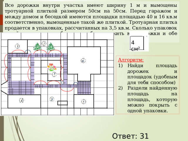 Все дорожки внутри участка имеют ширину 1 м и вымощены тротуарной плиткой размером 50см на 50см. Перед гаражом и между домом и беседкой имеются площадки площадью 40 и 16 кв.м соответственно, вымощенные такой же плиткой. Тротуарная плитка продается в упаковках, рассчитанных на 3,5 кв.м. Сколько упаковок такой плитки понадобилось, чтобы выложить все дорожки и обе площадки? 4 см² Алгоритм: Найди площадь дорожек и площадок (удобным для тебя способом) Раздели найденную площадь на площадь, которую можно покрыть с одной упаковки. Наталья Алексеевна Казарезова (Матвеева) г. Горно-Алтайск Ответ: 31  