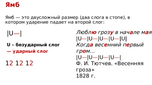 Ямб  Ямб — это двусложный размер (два слога в стопе), в котором ударение падает на второй слог: Любл ю  гроз у  в нач а ле м а я,  | U — | U — | U — | U — | U | Когд а  вес е нний п е рвый гр о м...  | U — | U — | U — | U — | Ф. И. Тютчев. «Весенняя гроза» 1828 г . | U — | U – безударный слог —  ударный слог 1 2 1 2 1 2 