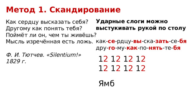 Метод 1. Скандирование Ударные слоги можно выстукивать рукой по столу ‍ как- се -рдцу- вы -ска- зать -се- бя  дру- го -му- как -по- нять -те- бя Как сердцу высказать себя?  Другому как понять тебя?  Поймёт ли он, чем ты живёшь?  Мысль изречённая есть ложь.   Ф. И. Тютчев. «Silentium!» 1829 г. 1 2 1 2 1 2 1 2 1 2 1 2 1 2 1 2  Ямб 