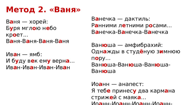 Метод 2. «Ваня» В а нечка — дактиль: ‍ Р а нними л е тними р о сами... В а нечка-В а нечка-В а нечка Ван ю ша — амфибрахий: ‍ Одн а жды в студ ё ную з и мнюю п о ру... Ван ю ша-Ван ю ша-Ван ю ша-Ван ю ша Ио а нн — анапест: ‍ Я теб е принес у два карм а на стриж е й с маяк а ... Ио а нн-Ио а нн-Ио а нн-Ио а нн-Ио а нн В а ня — хорей: Б у ря мгл о ю н е бо кр о ет... В а ня-В а ня-В а ня-В а ня ‍ Ив а н — ямб: ‍ И б у ду в е к ем у верн а ... Ив а н-Ив а н-Ив а н-Ив а н ‍ 