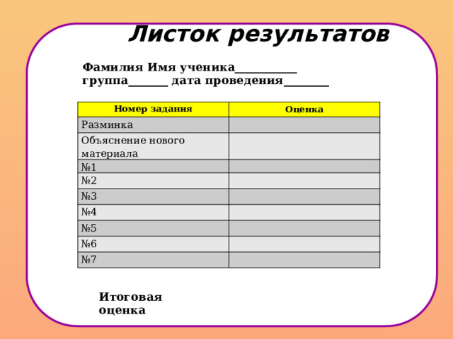 Листок результатов  Фамилия Имя ученика___________ группа_______ дата проведения________ Номер задания Оценка Разминка Объяснение нового материала № 1 № 2 № 3 № 4 № 5 № 6 № 7 Итоговая оценка _______________________________ 