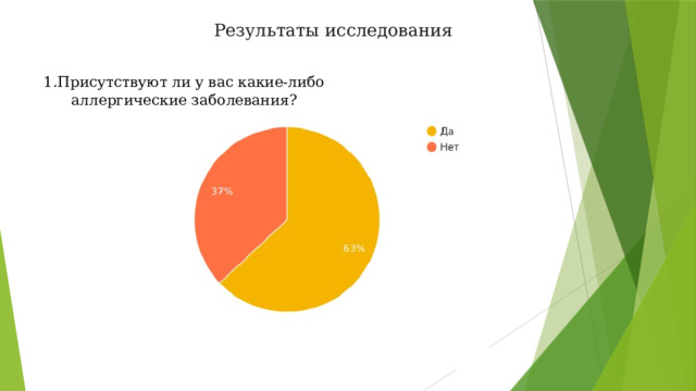 Результаты исследования 1.Присутствуют ли у вас какие-либо аллергические заболевания? 