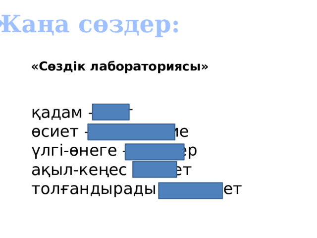  Жаңа сөздер: «Сөздік лабораториясы» қадам – шаг өсиет – завещание үлгі-өнеге – пример ақыл-кеңес – совет толғандырады – волнует 