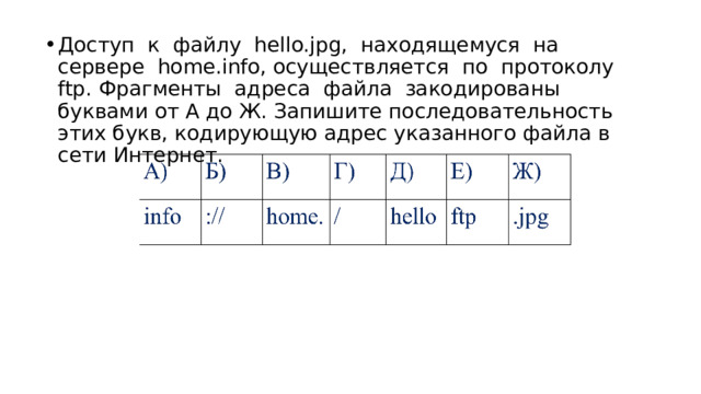 Доступ  к  файлу  hello.jpg,  находящемуся  на  сервере  home.info, осуществляется  по  протоколу  ftp. Фрагменты  адреса  файла  закодированы буквами от А до Ж. Запишите последовательность этих букв, кодирующую адрес указанного файла в сети Интернет. 