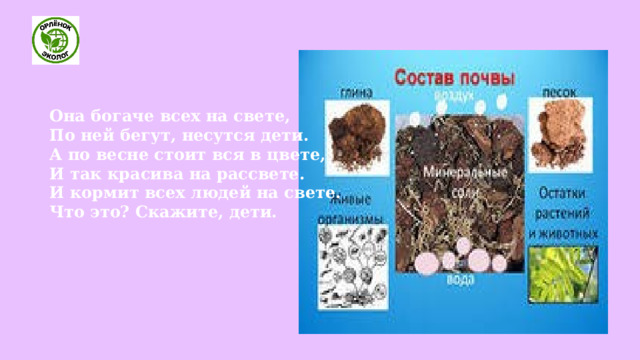   Она богаче всех на свете,  По ней бегут, несутся дети.  А по весне стоит вся в цвете,  И так красива на рассвете.  И кормит всех людей на свете.  Что это? Скажите, дети. 