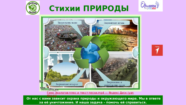 Стихии ПРИРОДЫ  От нас с вами зависит охрана природы и окружающего мира. Мы в ответе за её уничтожение. И наша задача – помочь ей справиться. 