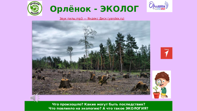 Орлёнок - ЭКОЛОГ  Что произошло? Какие могут быть последствия? Что повлияло на экологию? А что такое ЭКОЛОГИЯ? 