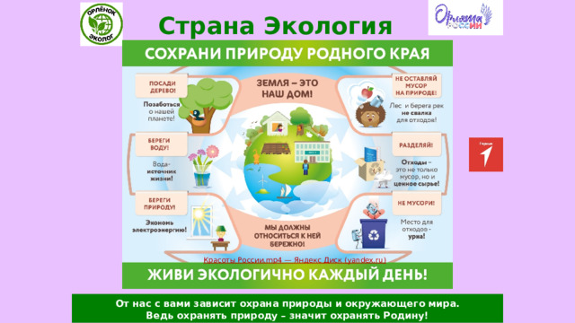 Страна Экология  От нас с вами зависит охрана природы и окружающего мира. Ведь охранять природу – значит охранять Родину! 