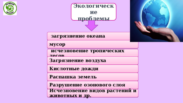 Экологические проблемы  загрязнение океана мусор  исчезновение тропических лесов Загрязнение воздуха Кислотные дожди Распашка земель Разрушение озонового слоя Исчезновение видов растений и животных и др. 