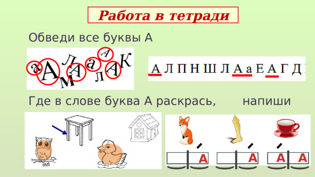 Работа в тетради Обведи все буквы А Где в слове буква А раскрась, напиши  А А А А 