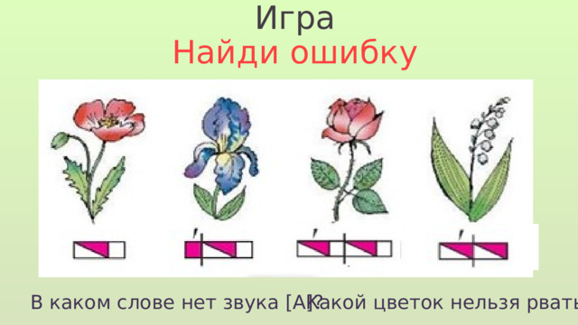Игра Найди ошибку В каком слове нет звука [А]? Какой цветок нельзя рвать? 