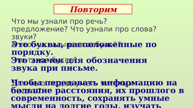 Повторим Что мы узнали про речь? предложение? Что узнали про слова? звуки? А что мы называем азбукой? Что такое буква? Для чего людям уметь читать и писать?   Это буквы, расположенные по порядку. Это значок для обозначения звука при письме. Чтобы передавать информацию на большие расстояния, их прошлого в современность, сохранять умные мысли на долгие годы, изучать науки по книгам.  