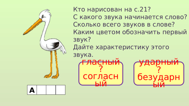 Кто нарисован на с.21? С какого звука начинается слово? Сколько всего звуков в слове? Каким цветом обозначить первый звук? Дайте характеристику этого звука. гласный ударный ? ? согласный безударный А 
