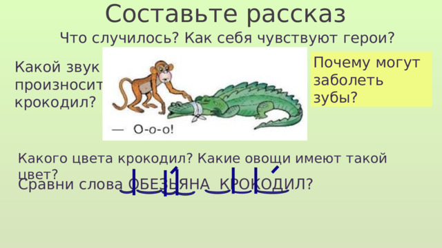 Составьте рассказ Что случилось? Как себя чувствуют герои? Почему могут заболеть зубы? Какой звук произносит крокодил? Какого цвета крокодил? Какие овощи имеют такой цвет? Сравни слова ОБЕЗЬЯНА КРОКОДИЛ? 