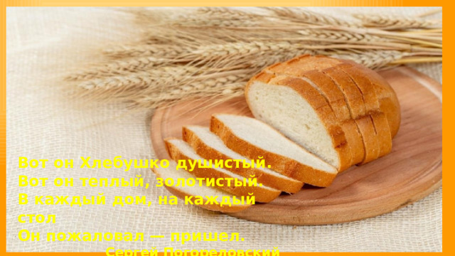 Вот он Хлебушко душистый.  Вот он теплый, золотистый.  В каждый дом, на каждый стол  Он пожаловал — пришел. Сергей Погореловский 