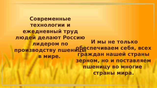 Современные технологии и ежедневный труд людей делают Россию лидером по производству пшеницы в мире.  И мы не только обеспечиваем себя, всех граждан нашей страны зерном, но и поставляем пшеницу во многие страны мира. 