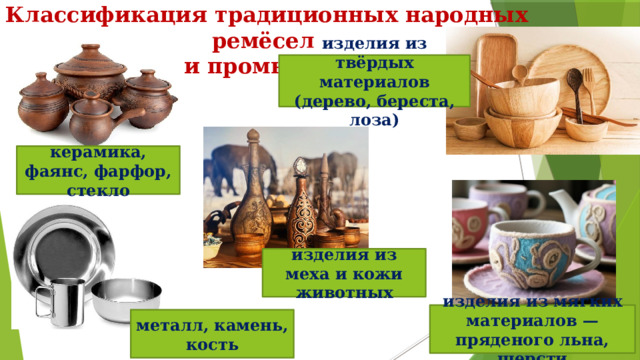 Классификация традиционных народных ремёсел и промыслов изделия из твёрдых материалов (дерево, береста, лоза) керамика, фаянс, фарфор, стекло изделия из меха и кожи животных изделия из мягких материалов — пряденого льна, шерсти металл, камень, кость 