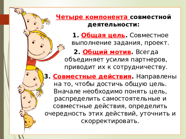 Четыре компонента совместной деятельности:    - 1. Общая цель . Совместное выполнение задания, проект. 2. Общий мотив . Всегда объединяет усилия партнеров, приводит их к сотрудничеству. 3. Совместные действия . Направлены на то, чтобы достичь общую цель. Вначале необходимо понять цель, распределить самостоятельные и совместные действия, определить очередность этих действий, уточнить и скорректировать. 