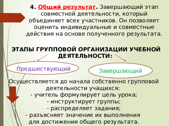 4. Общий результат . Завершающий этап совместной деятельности, который объединяет всех участников. Он позволяет оценить индивидуальные и совместные действия на основе полученного результата. ЭТАПЫ ГРУППОВОЙ ОРГАНИЗАЦИИ УЧЕБНОЙ ДЕЯТЕЛЬНОСТИ: Предшествующий Завершающий Осуществляется до начала собственно групповой деятельности учащихся: - учитель формулирует цель урока; - инструктирует группы; - распределяет задания; - разъясняет значение их выполнения для достижения общего результата. 