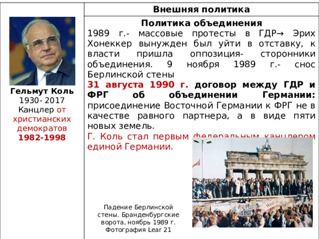 Внешняя политика Политика объединения 1989 г.- массовые протесты в ГДР→ Эрих Хонеккер вынужден был уйти в отставку, к власти пришла оппозиция- сторонники объединения. 9 ноября 1989 г.- снос Берлинской стены 31 августа 1990 г. договор между ГДР и ФРГ об объединении Германии: присоединение Восточной Германии к ФРГ не в качестве равного партнера, а в виде пяти новых земель. Г. Коль стал первым федеральным канцлером единой Германии. Гельмут Коль 1930- 2017 Канцлер от христианских демократов 1982-1998 Падение Берлинской стены. Бранденбургские ворота, ноябрь 1989 г. Фотография Lear 21 