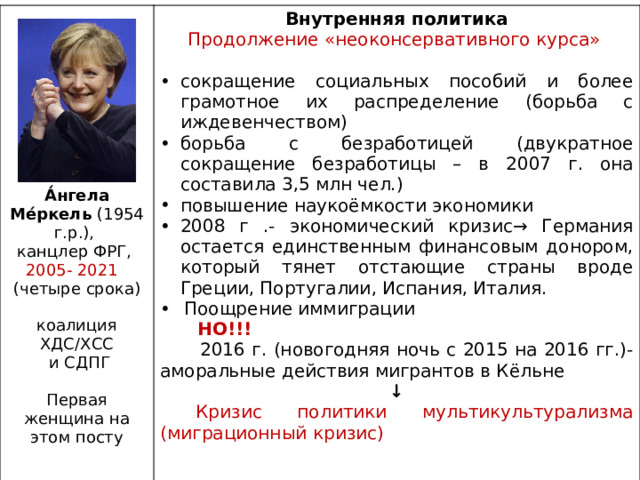 Внутренняя политика Продолжение «неоконсервативного курса» сокращение социальных пособий и более грамотное их распределение (борьба с иждевенчеством) борьба с безработицей (двукратное сокращение безработицы – в 2007 г. она составила 3,5 млн чел.) повышение наукоёмкости экономики 2008 г .- экономический кризис→ Германия остается единственным финансовым донором, который тянет отстающие страны вроде Греции, Португалии, Испания, Италия. Поощрение иммиграции  НО!!!   2016 г. (новогодняя ночь с 2015 на 2016 гг.)- аморальные действия мигрантов в Кёльне ↓   Кризис политики мультикультурализма (миграционный кризис) А́нгела  Ме́ркель (1954 г.р.), канцлер ФРГ, 2005- 2021 (четыре срока) коалиция ХДС/ХСС  и СДПГ Первая женщина на этом посту 