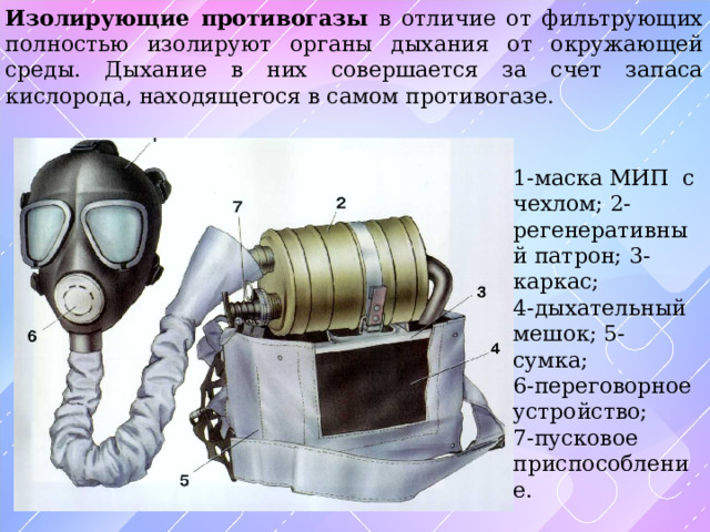 Изолирующие противогазы в отличие от фильтрующих полностью изолируют органы дыхания от окружающей среды. Дыхание в них совершается за счет запаса кислорода, находящегося в самом противогазе.  1-маска МИП с чехлом; 2-регенеративный патрон; 3-каркас; 4-дыхательный мешок; 5-сумка; 6-переговорное устройство; 7-пусковое приспособление. 