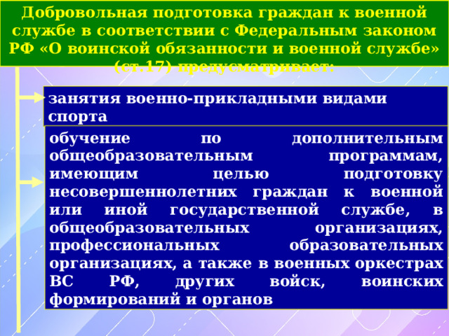 Добровольная подготовка граждан к военной службе в соответствии с Федеральным законом РФ «О воинской обязанности и военной службе» (ст.17) предусматривает: занятия военно-прикладными видами спорта обучение по дополнительным общеобразовательным программам, имеющим целью подготовку несовершеннолетних граждан к военной или иной государственной службе, в общеобразовательных организациях, профессиональных образовательных организациях, а также в военных оркестрах ВС РФ, других войск, воинских формирований и органов 