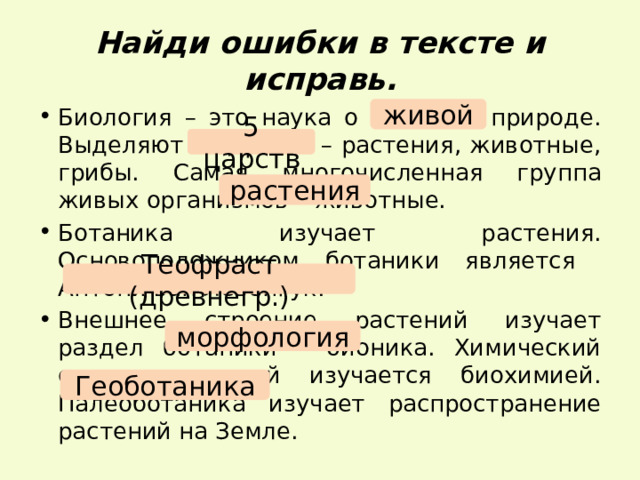 Найди ошибки в тексте и исправь. живой Биология – это наука о неживой природе. Выделяют 3 царства – растения, животные, грибы. Самая многочисленная группа живых организмов – животные. Ботаника изучает растения. Основоположником ботаники является  Антони ван Левенгук. Внешнее строение растений изучает раздел ботаники – бионика. Химический состав растений изучается биохимией. Палеоботаника изучает распространение растений на Земле. 5 царств растения Теофраст (древнегр.) морфология Геоботаника 
