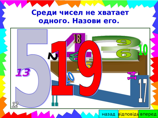 Среди чисел не хватает одного. Назови его. відповідь вперед назад 