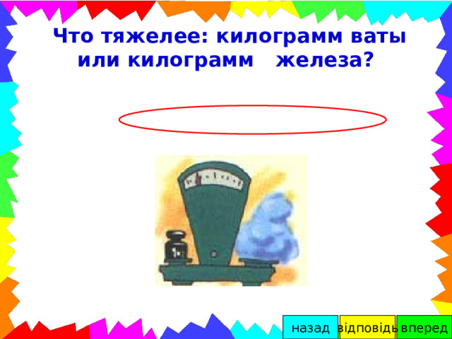 Что тяжелее: килограмм ваты или килограмм железа? вперед відповідь назад 