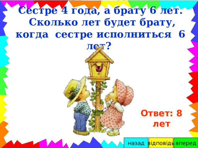 Сестре 4 года, а брату 6 лет.  Сколько лет будет брату, когда сестре исполниться 6 лет? Ответ : 8 лет вперед відповідь назад 