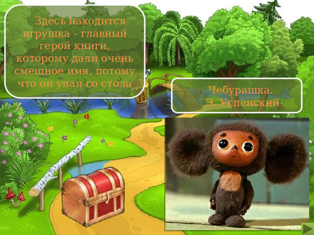 Здесь находится игрушка - главный герой книги, которому дали очень смешное имя, потому что он упал со стола Чебурашка. Э. Успенский 