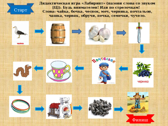 Дидактическая игра «Лабиринт» (назови слова со звуком [Ц]). Будь внимателен! Иди по стрелочкам!  Слова: чайка, бочка, чеснок, меч, черника, почтальон, чашка, червяк, обручи, печка, семечки, чучело. Старт Финиш 